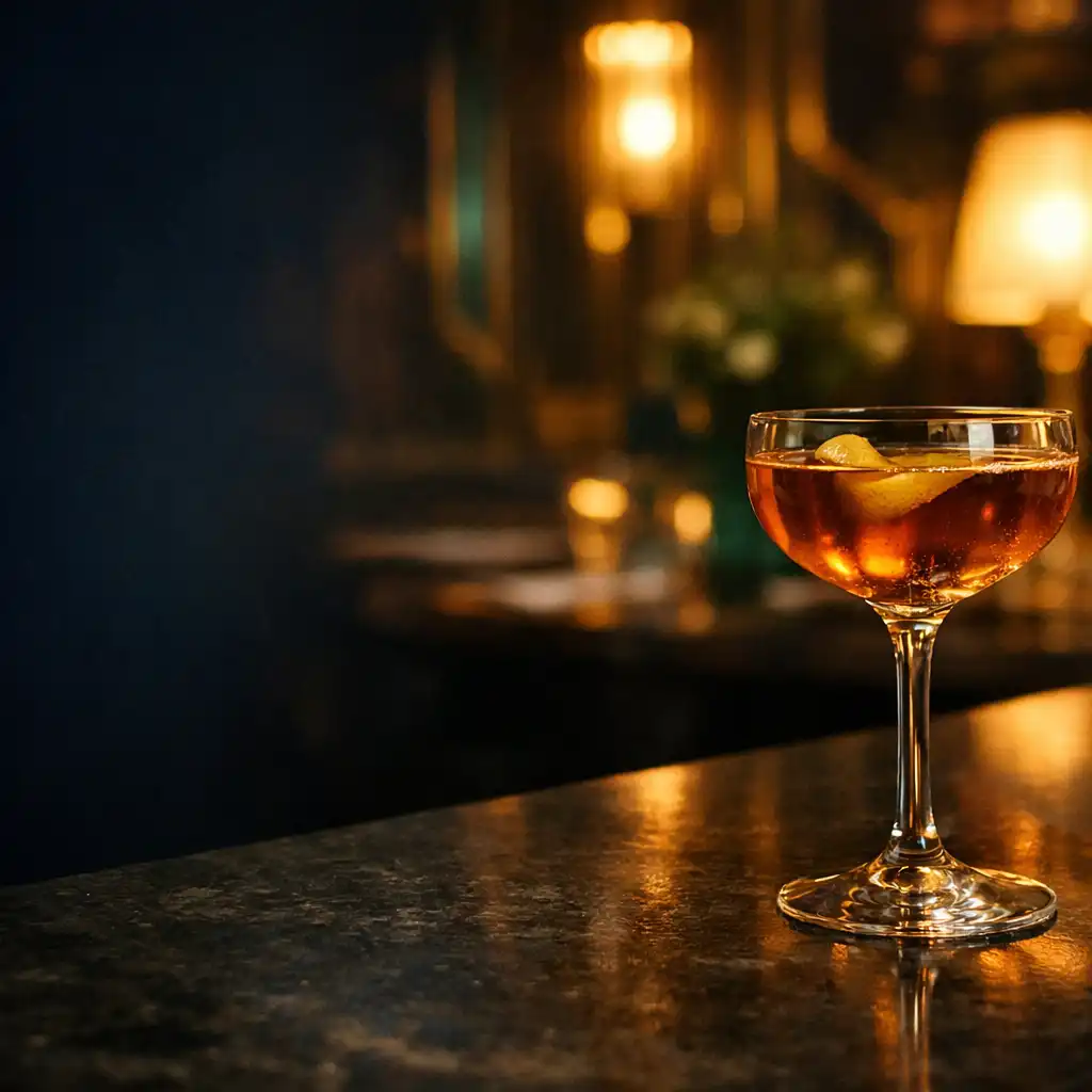 Cocktail élégant posé sur un comptoir sombre dans la lumière feutrée de Mirqelune