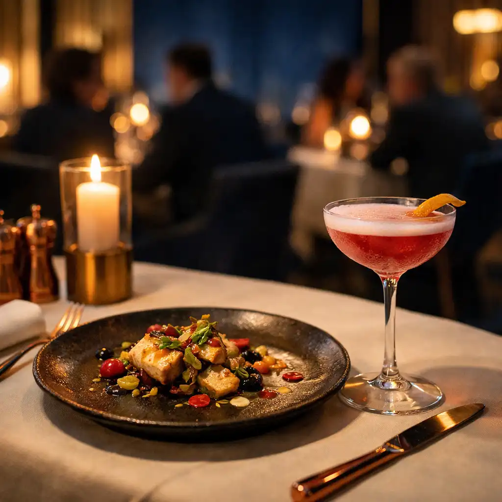 Cocktail et assiette gastronomique sur une table de restaurant éclairée le soir