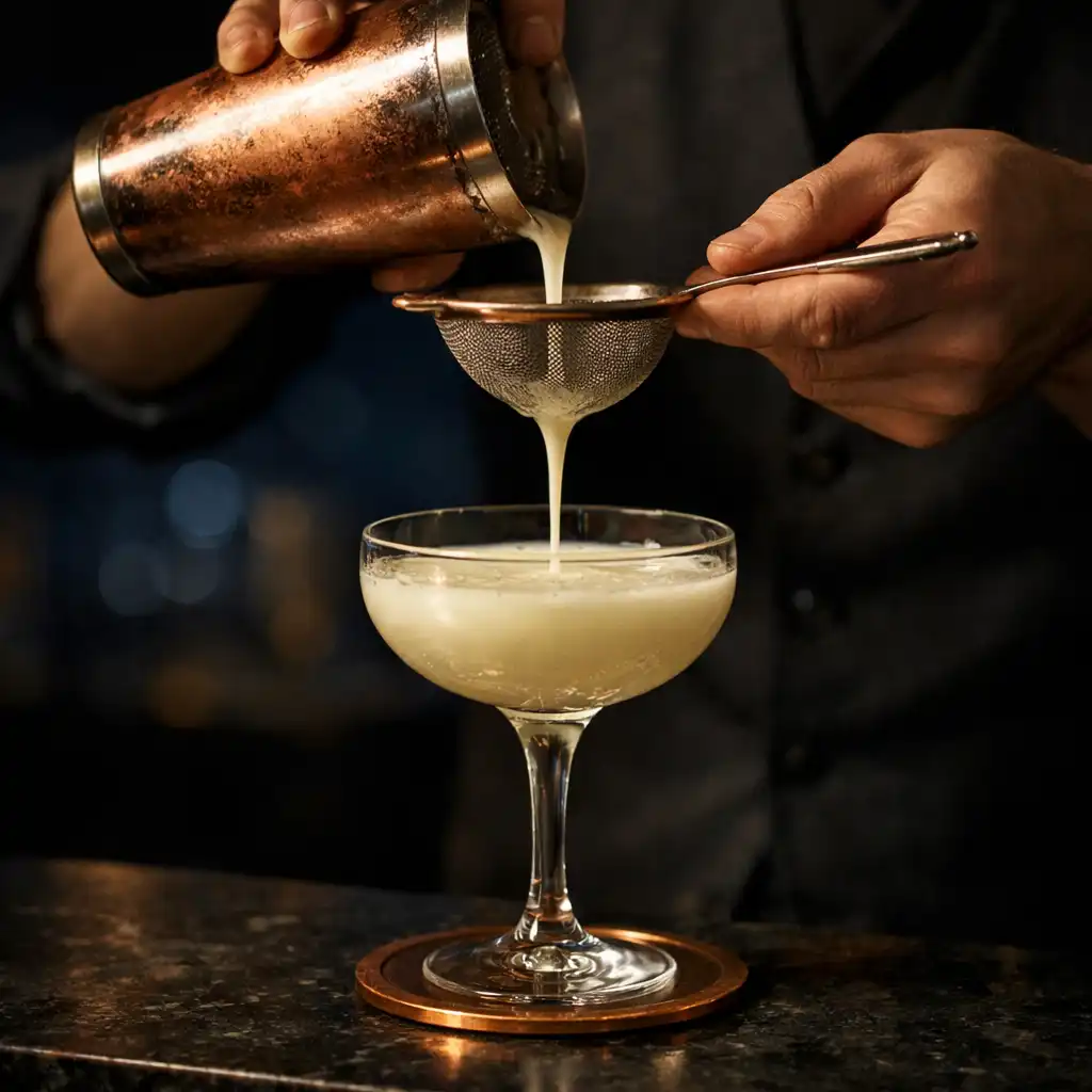 Mains préparant avec précision un cocktail sur un comptoir raffiné
