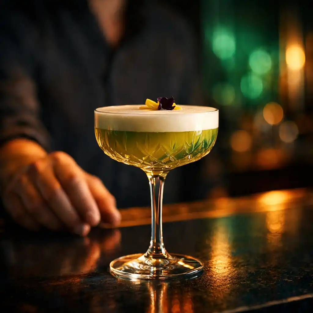 Cocktail élégant sur un comptoir de bar aux reflets émeraude