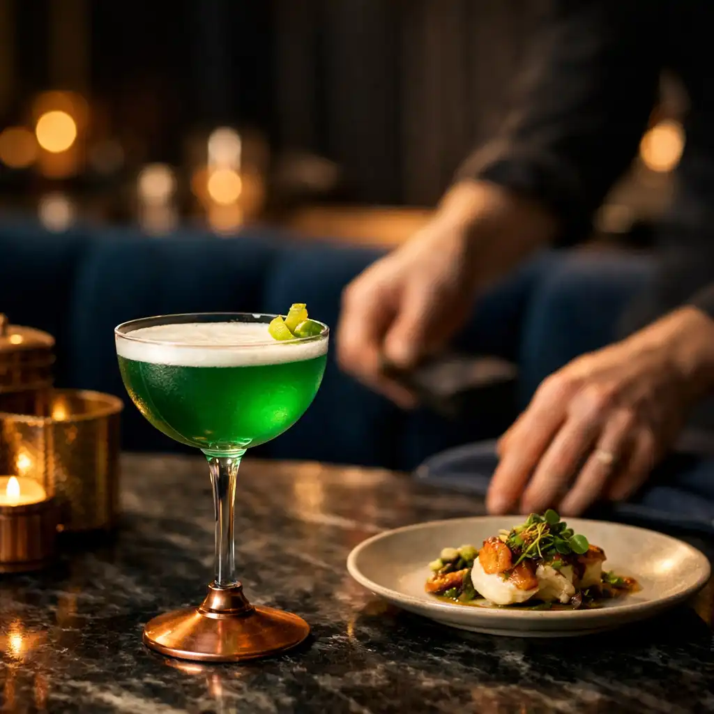 Cocktail vert émeraude sur une table sombre dans une ambiance de restaurant nocturne.