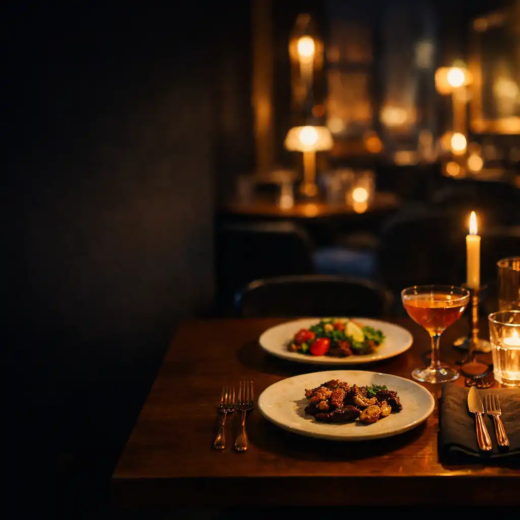 Table dressée pour un dîner nocturne avec verre à cocktail et détails cuivrés.