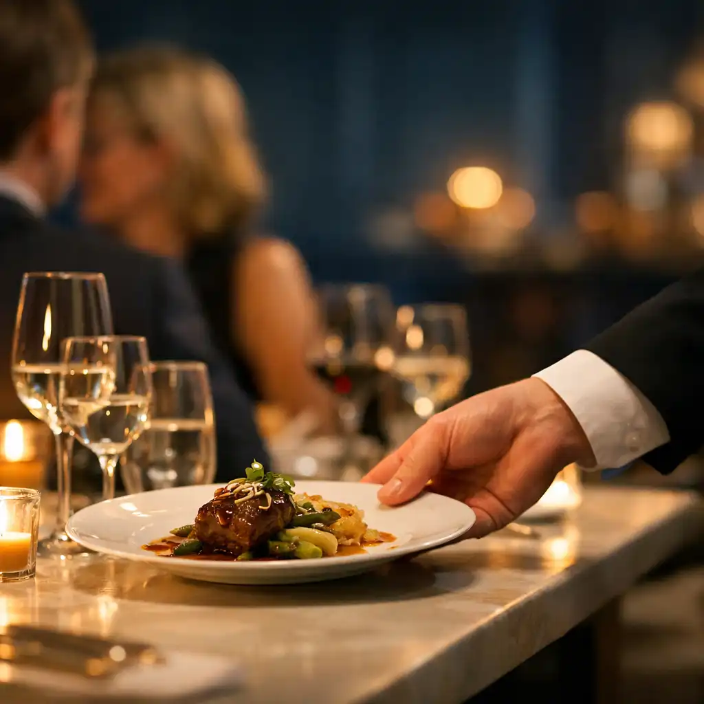 Service d’une assiette sur une table de dîner nocturne