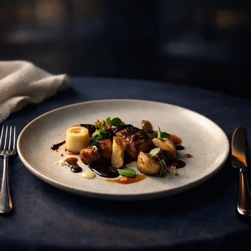 Assiette gastronomique en lumière douce sur une table sombre