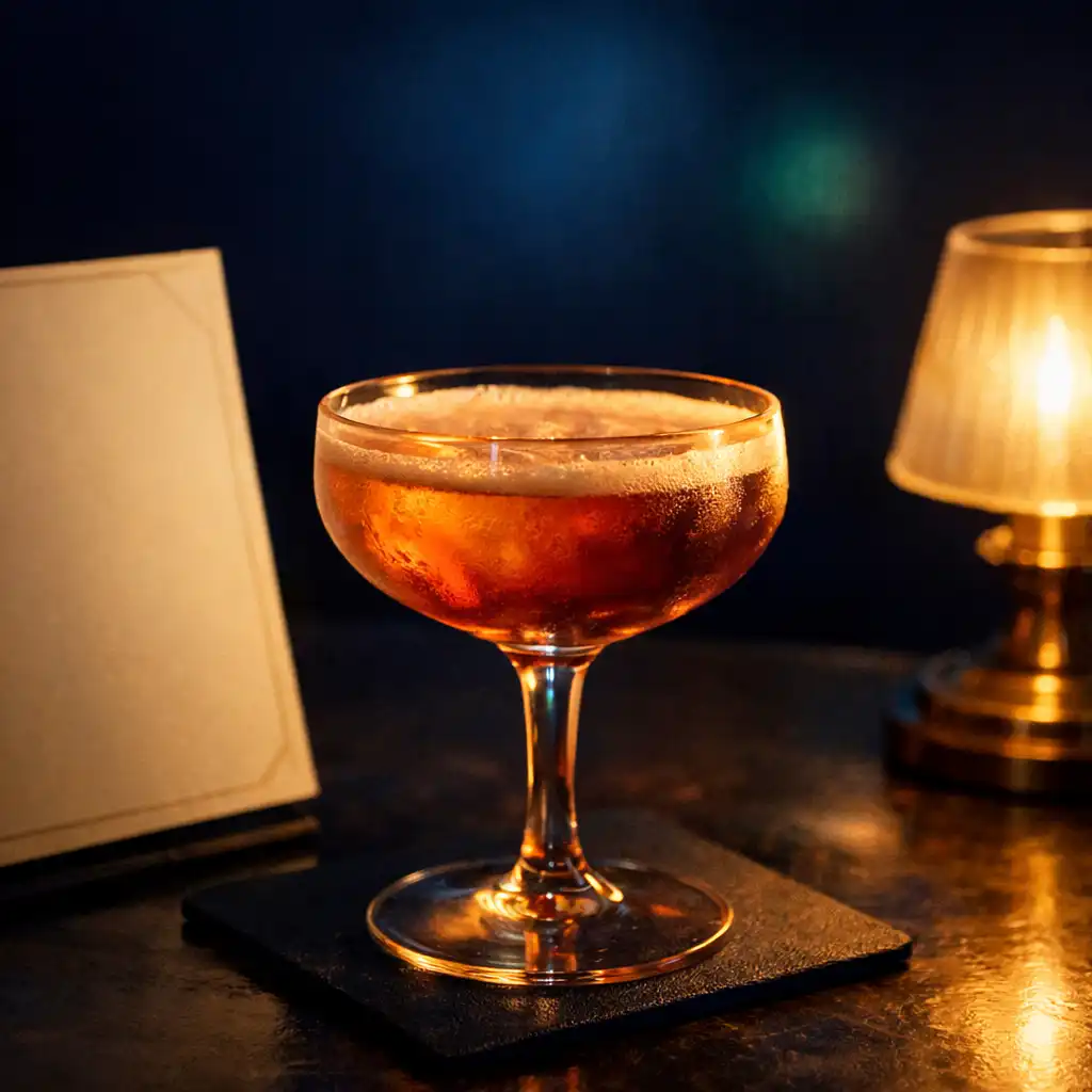 Cocktail élégant posé près d'un menu crème en lumière cuivrée