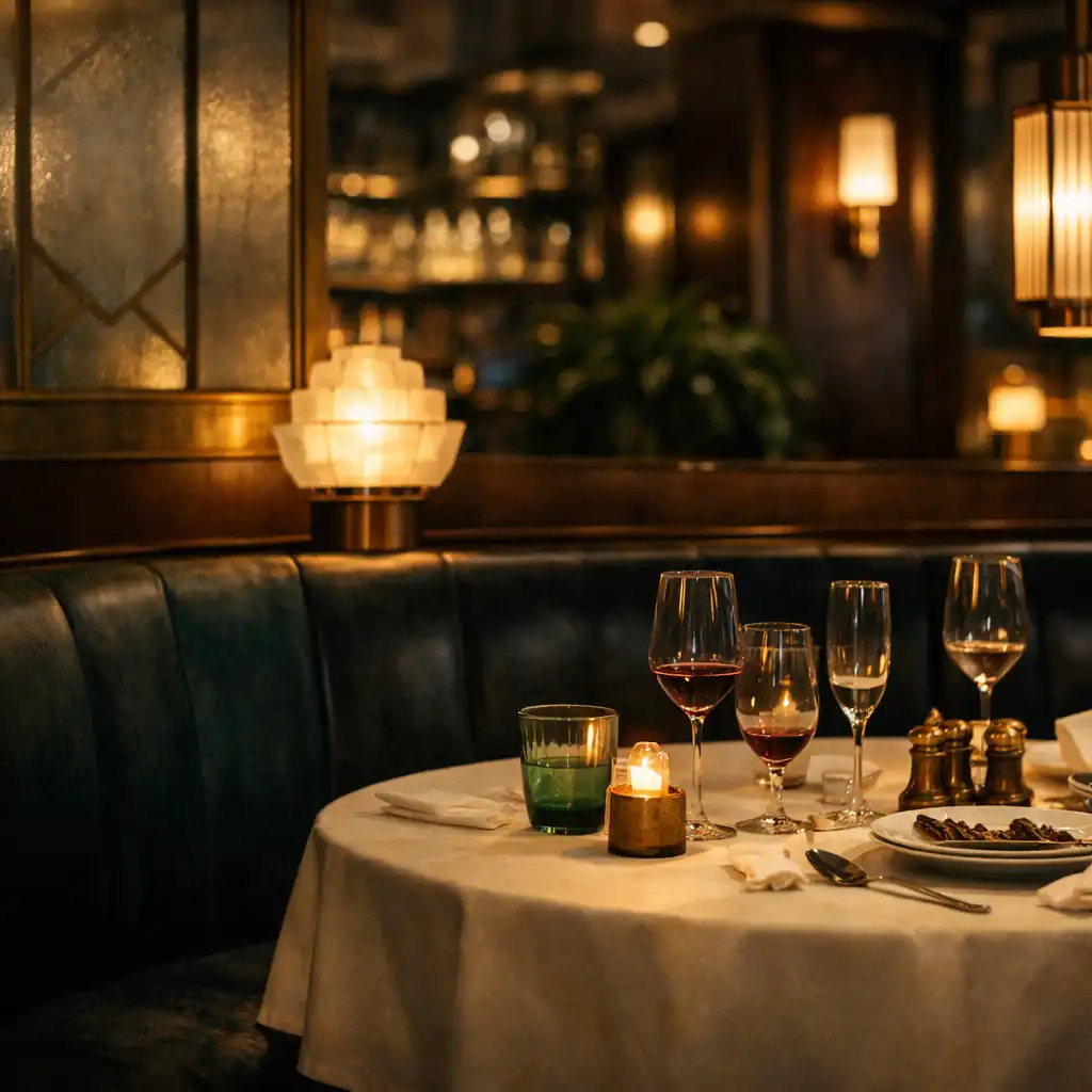 Salon de restaurant Art déco contemporain après le dîner, éclairé par des luminaires chauds