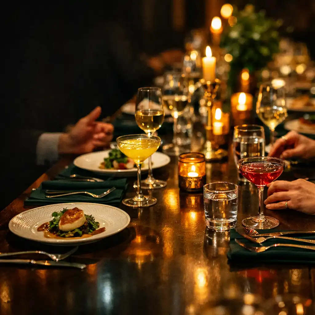 Longue table dressée pour un dîner nocturne, avec assiettes, verres et mains de convives