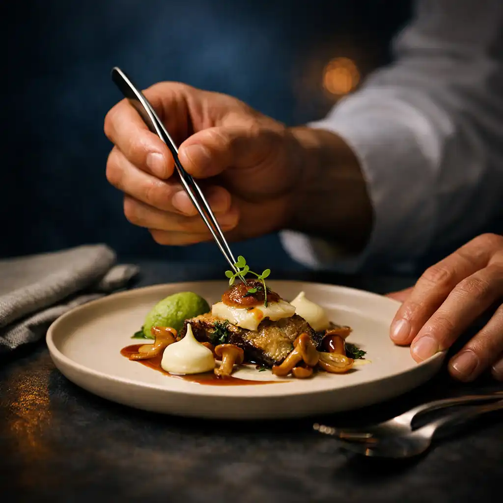 Mains finalisant une assiette sur une table sombre