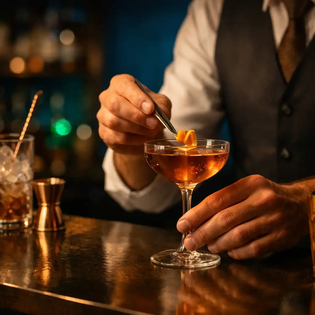 Mains préparant un cocktail au comptoir d’un bar nocturne