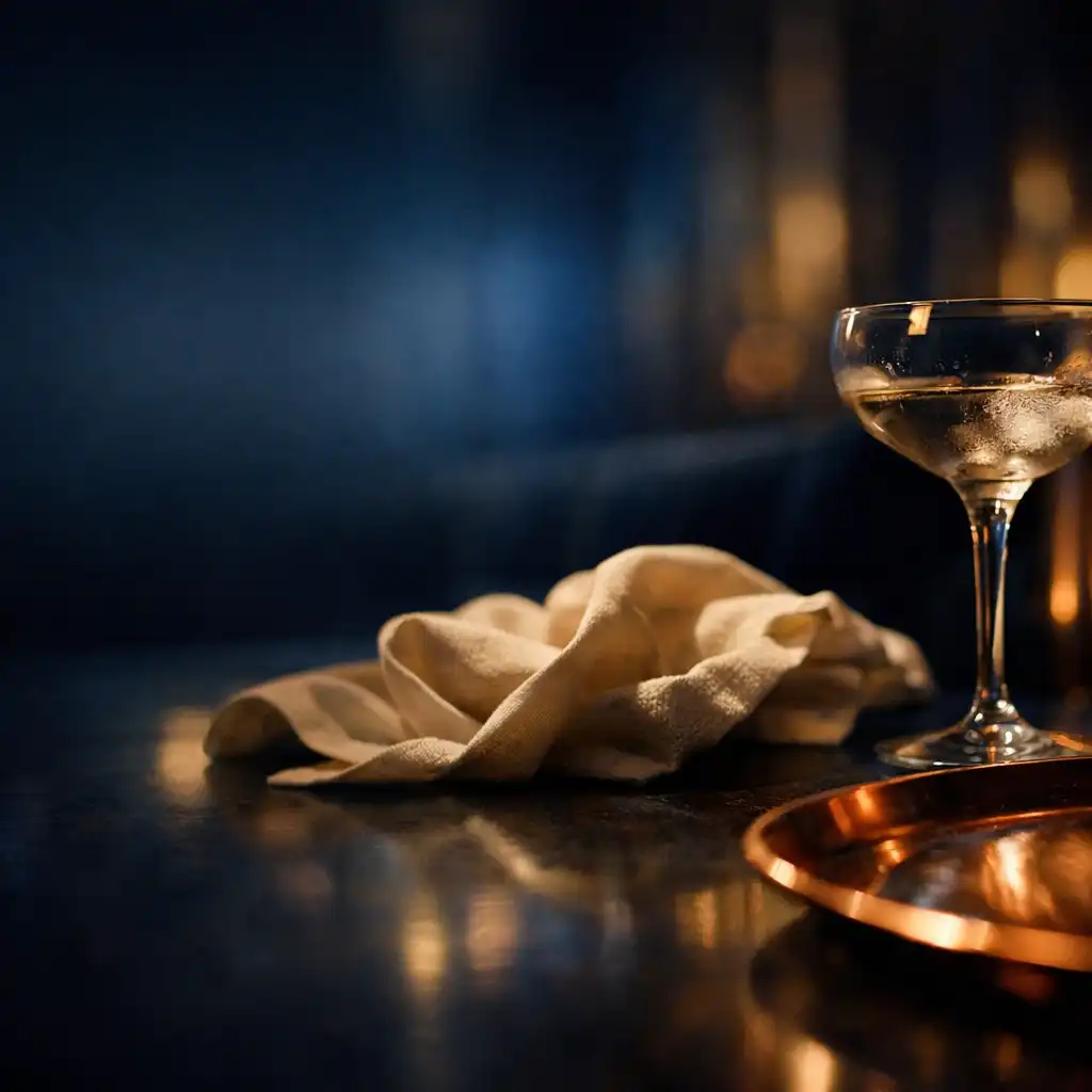 Verre à cocktail, linge crème et reflet cuivre sur une table après minuit