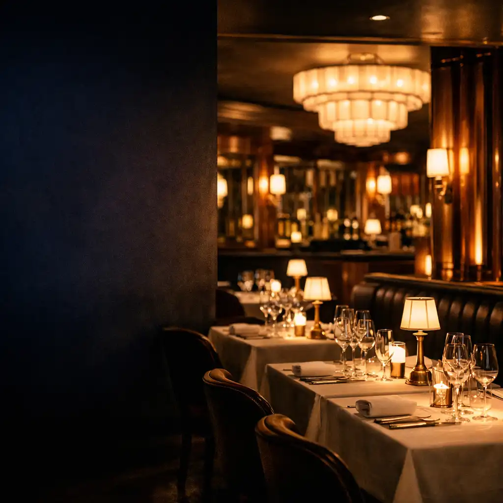Salle de restaurant nocturne aux tables dressées et à la lumière chaude