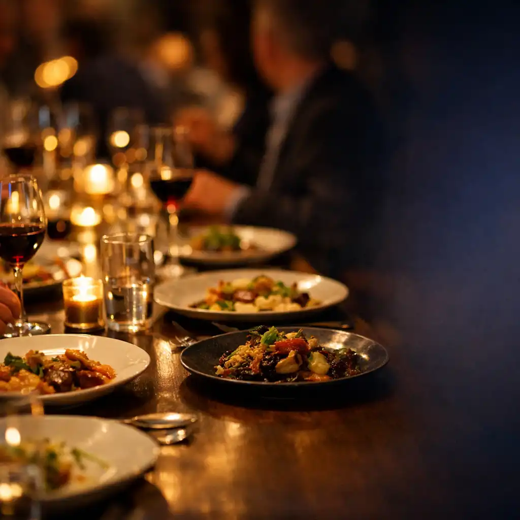 Table de dîner partagée avec assiettes et verres