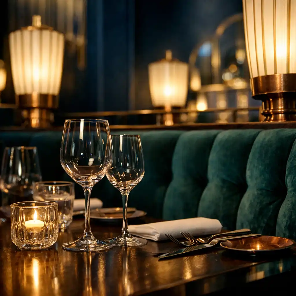 Table dressée et banquette dans une salle de restaurant nocturne