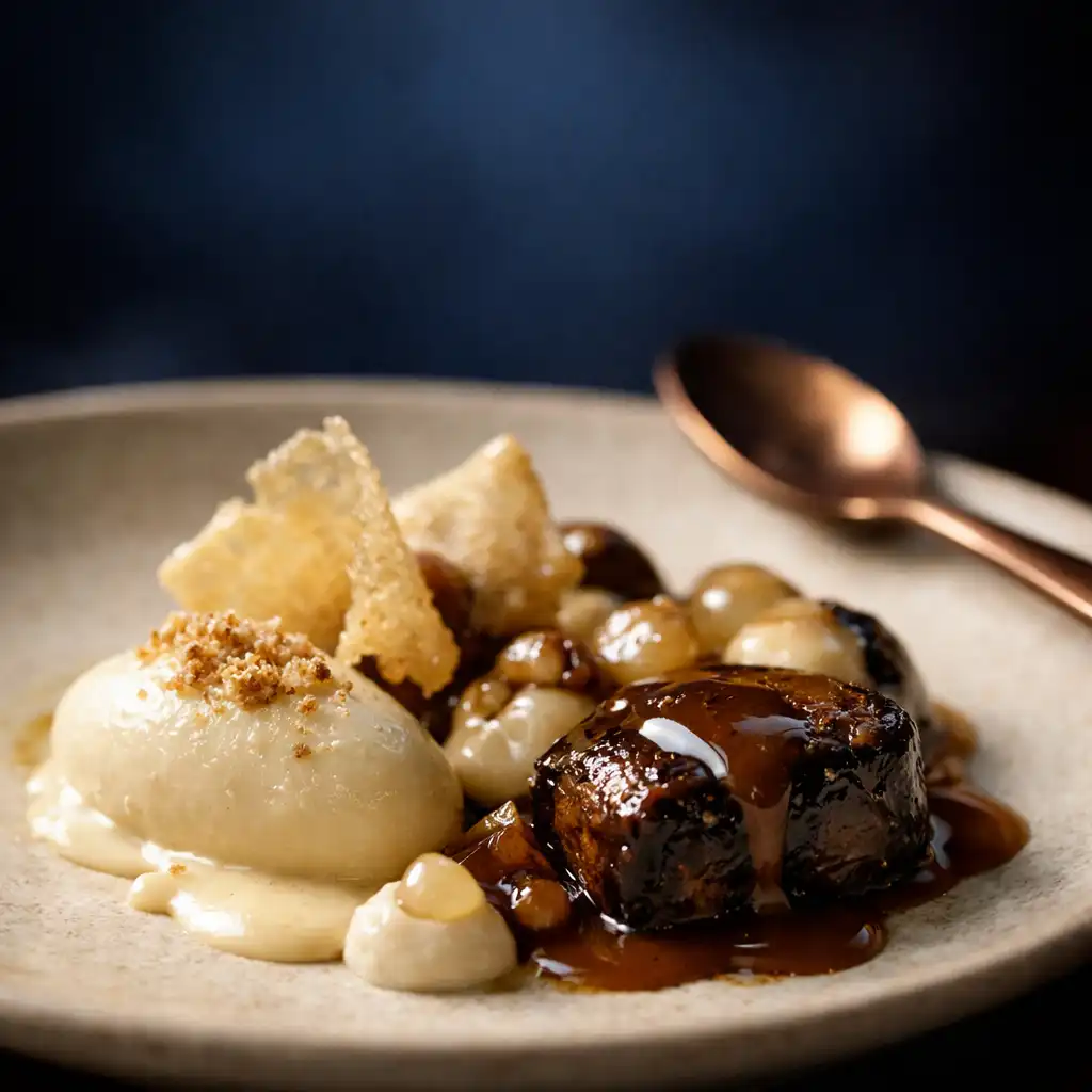 Détail d’une assiette raffinée servie de nuit