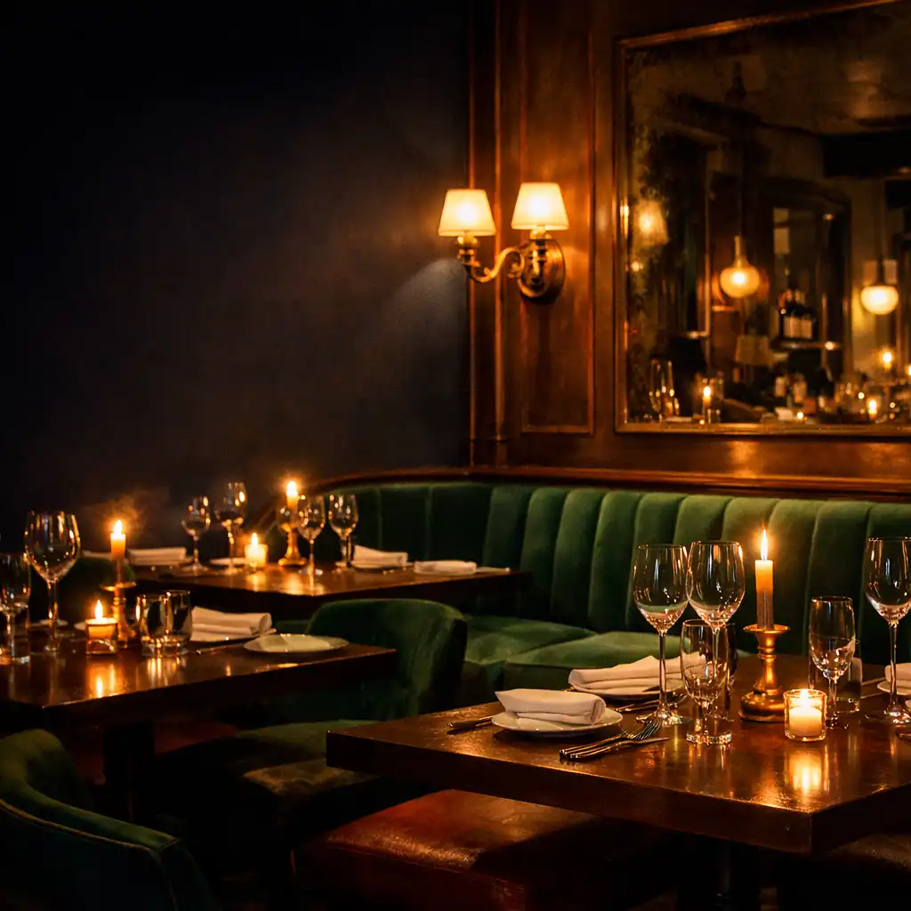 Salle de restaurant nocturne aux tables dressées et lumière feutrée