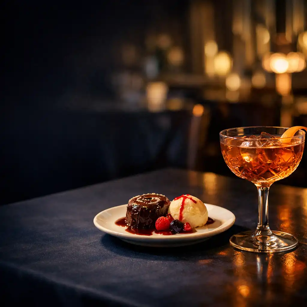 Cocktail ambré et petite assiette de dessert sur une table de restaurant feutrée