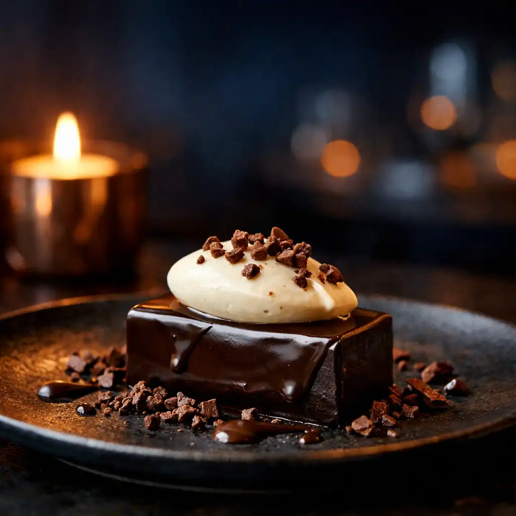 Dessert au chocolat noir et éclats de cacao sur une table de restaurant nocturne