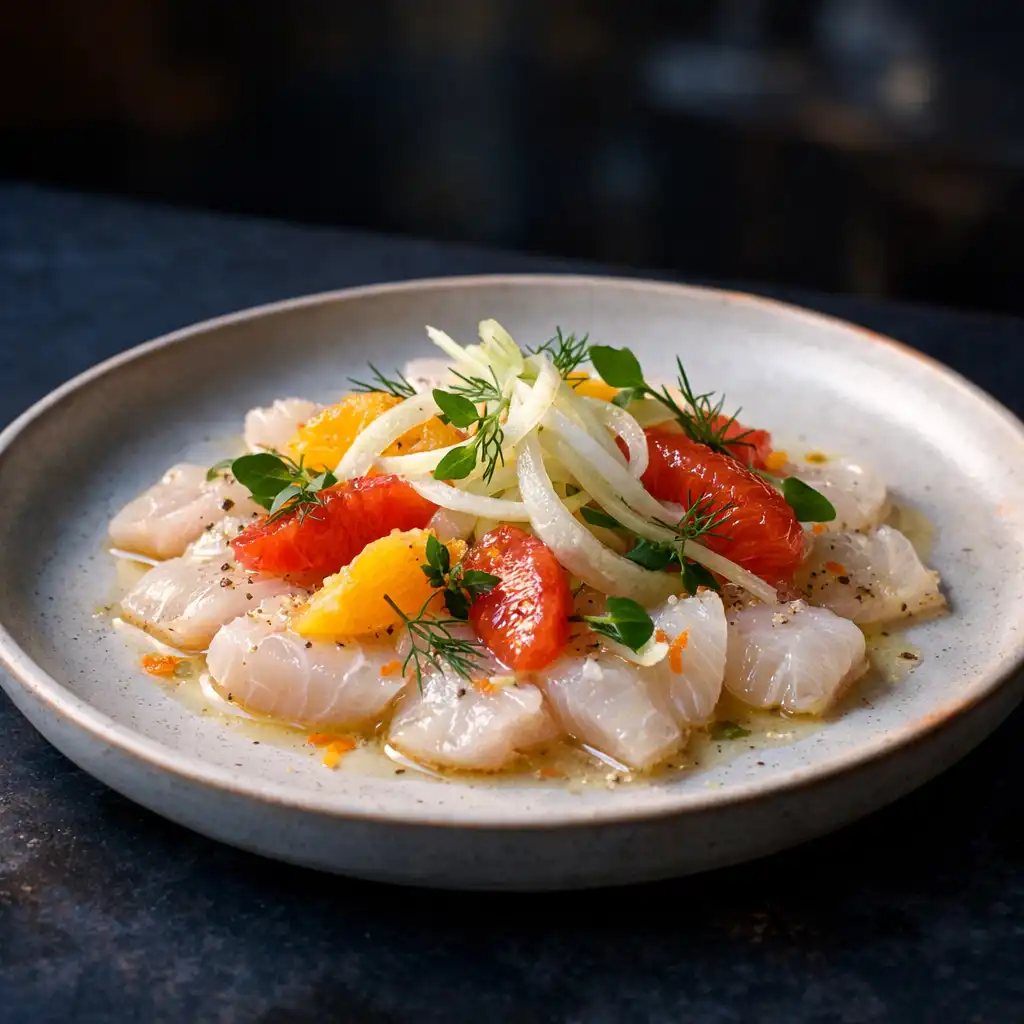 Crudo de daurade aux agrumes et fenouil dans une assiette en céramique claire