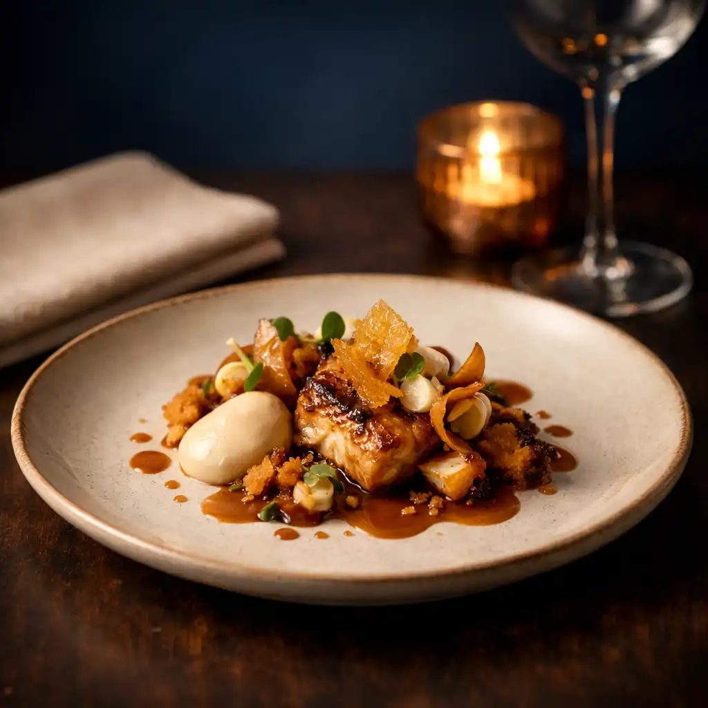 Assiette gastronomique éclairée par une bougie sur une table sombre