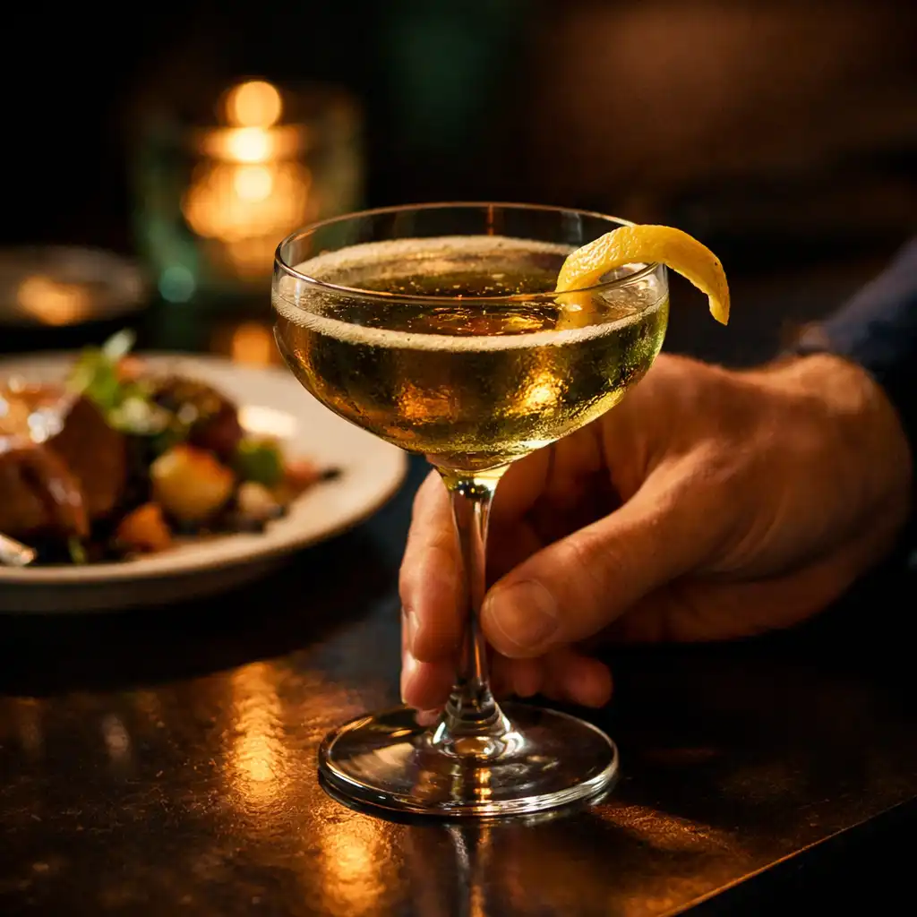 Cocktail servi près d'une table de restaurant dans une lumière ambrée