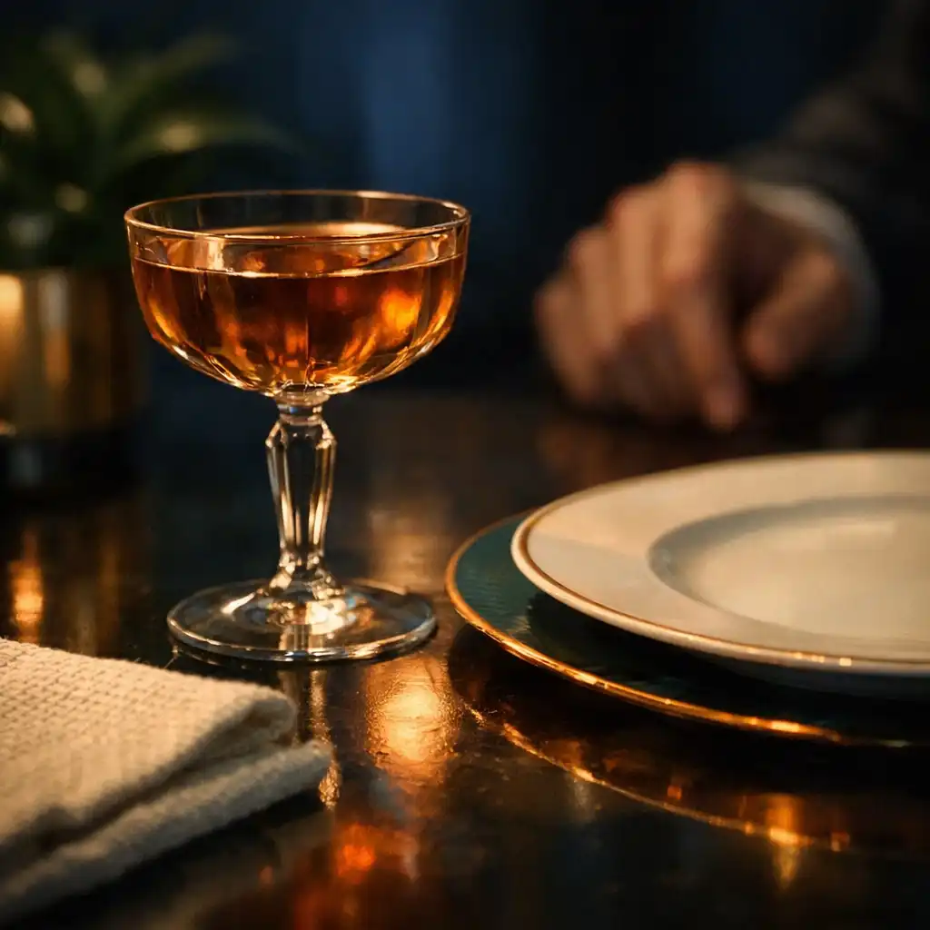 Détail de table avec verre à cocktail ambré, assiette et reflet cuivre
