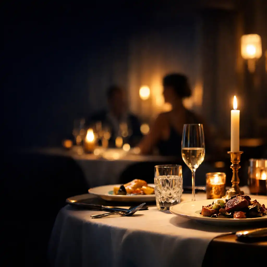 Table dressée dans une salle de restaurant nocturne, avec verrerie et lumière chaude