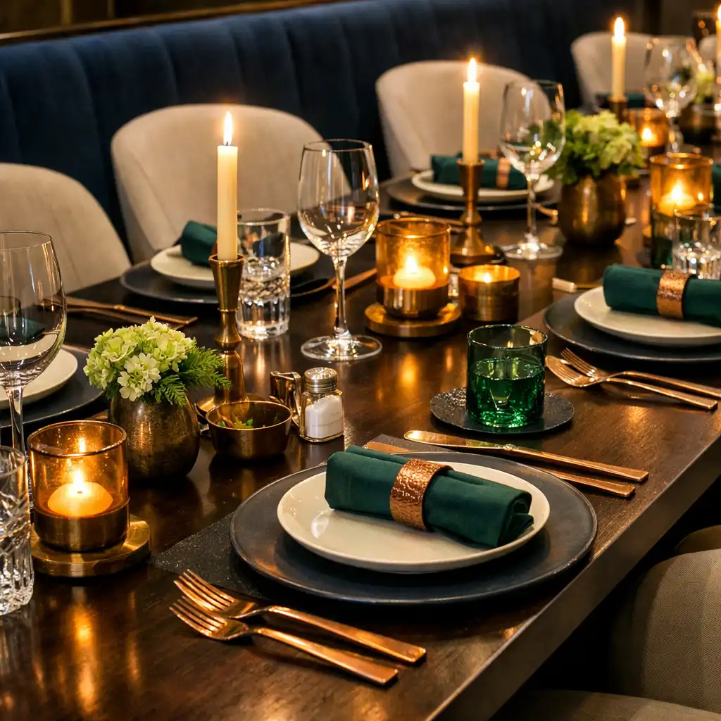Longue table de restaurant dressée pour plusieurs convives dans une lumière nocturne