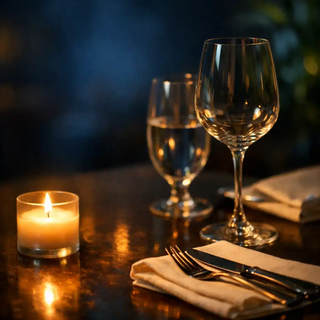 Détail d'une table nocturne avec bougie, verrerie et serviette crème