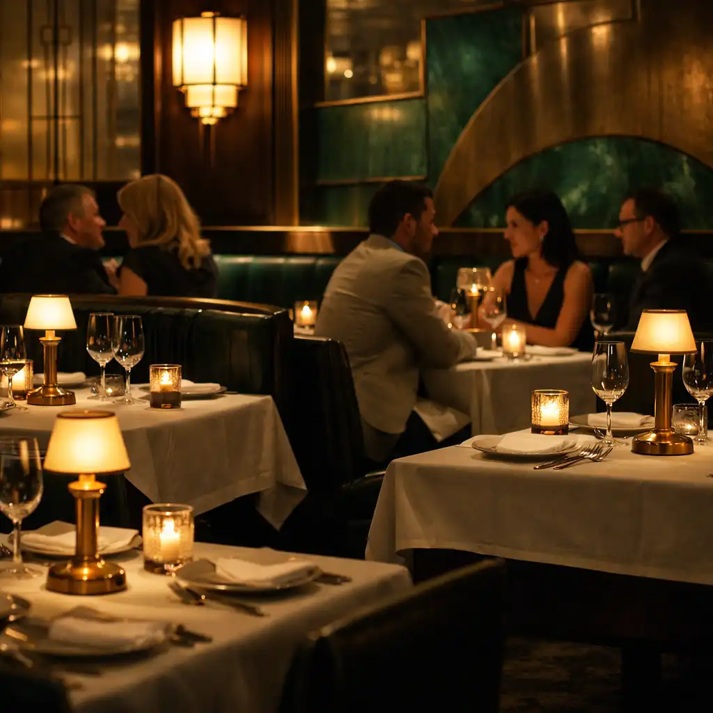 Salle de restaurant nocturne avec tables dressées et convives en conversation