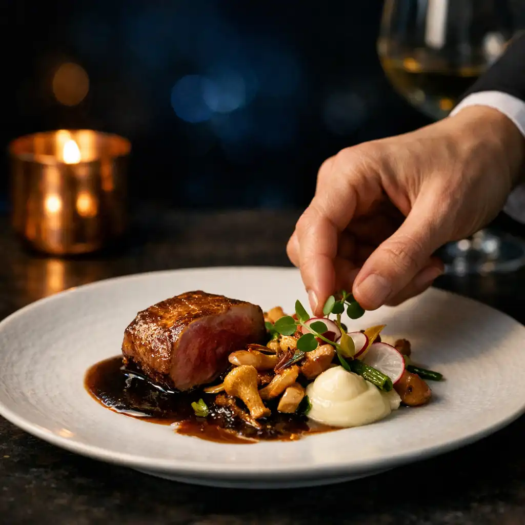 Assiette gastronomique servie sur une table sombre dans une lumière nocturne