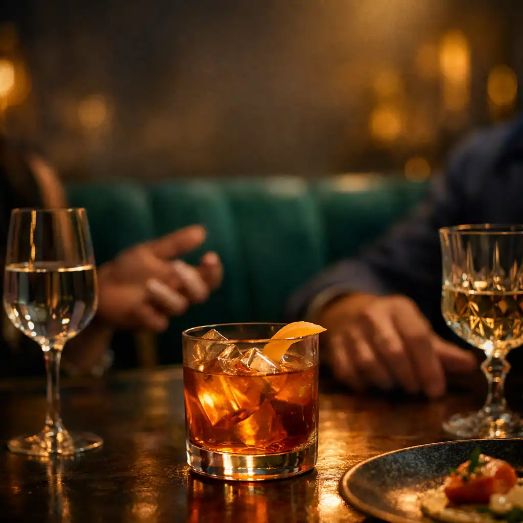 Cocktail et table raffinée dans une ambiance de restaurant intimiste