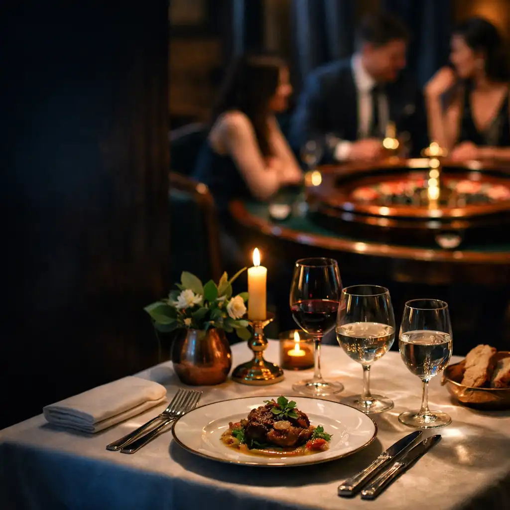 Table de dîner éclairée dans une salle de restaurant nocturne et feutrée
