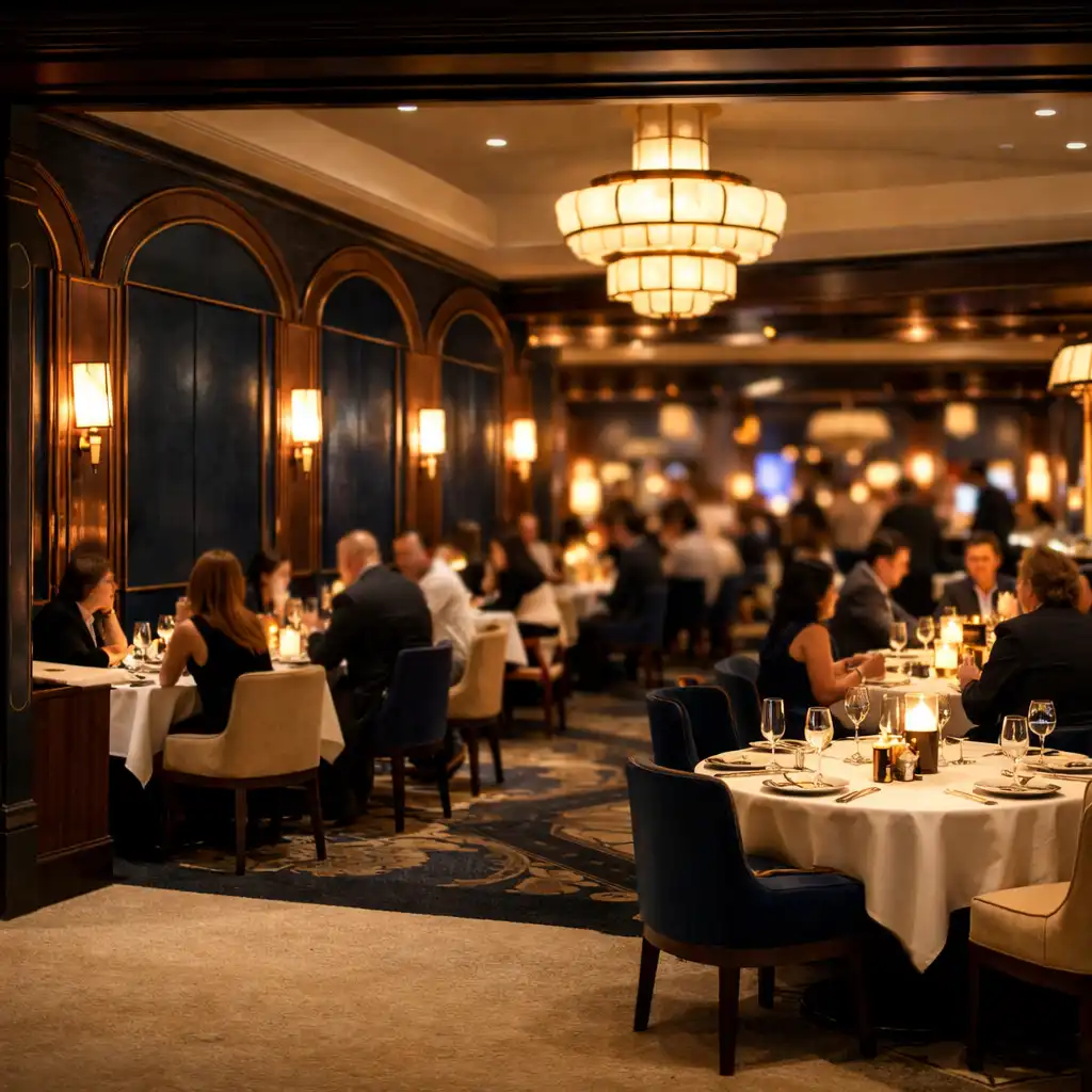 Salle de restaurant Art déco éclairée la nuit avec tables dressées et convives